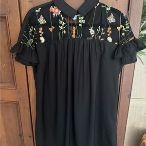 Floral Embroidered Black Women's Top
